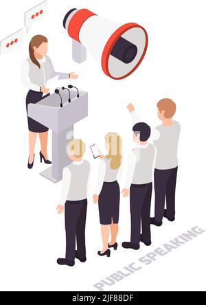 Soft skills isometric icon with megaphone public speaker and listeners vector illustration Stock Vector