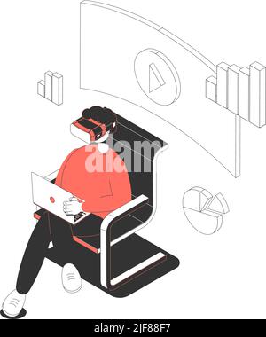 Man working on computer while wearing virtual reality headset isometric vector illustration Stock Vector