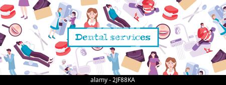 Dentistry pattern composition with text frame and flat images of dental clinics medical equipment and people vector illustration Stock Vector