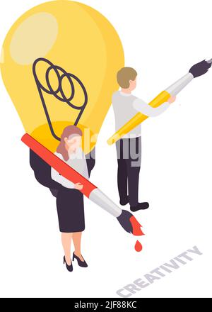 Creativity soft skills concept icon with light bulb and two characters holding brushes isometric vector illustration Stock Vector