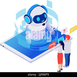 Isometric icon with smiling robotic chatbot on tablet talking to people 3d vector illustration Stock Vector