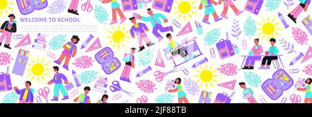 Covering school books wrapping paper flat seamless funny pattern with stationary accessories schoolchildren backpack ruler vector illustration Stock Vector
