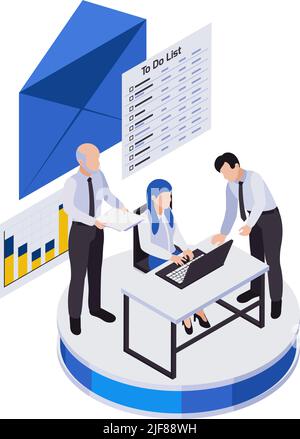 Remote management distant work isometric icons composition with group of workers with envelope icon and list of tasks vector illustration Stock Vector