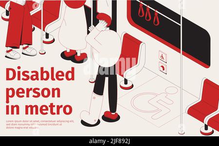Person with broken leg traveling in metro on seat for disabled 3d isometric vector illustration Stock Vector