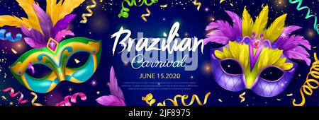 Realistic carnival mask horizontal poster with brazilian carnival headline and event date vector illustration Stock Vector