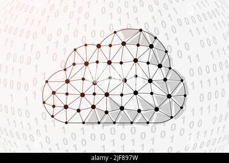 Cloud 3d low poly symbol with binary code background. Download design vector illustration. Big data polygonal symbol with connected dots Stock Vector