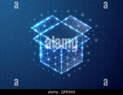 Open box polygonal symbol with binary code background. Delivery concept design vector illustration. Blue Giftbox low poly symbol with connected dots Stock Vector