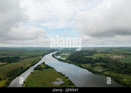 drone view of Tiete River in cloudy day Stock Photo