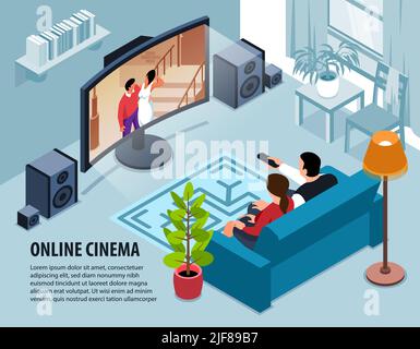 Isometric home online cinema background with indoor living room interior with tv set people and text vector illustration Stock Vector
