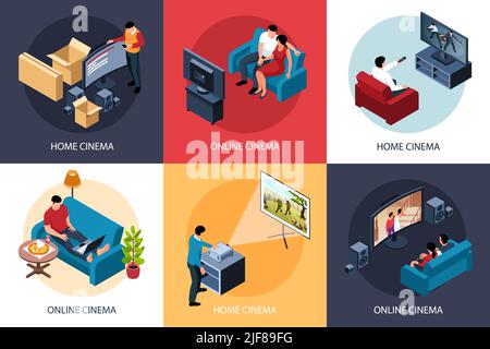 Isometric online cinema design concept 3x2 set of compositions with people enjoying watching movie at home vector illustration Stock Vector