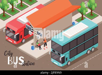 Isometric city bus stop composition with outdoor view of public stop with two platforms and people vector illustration Stock Vector