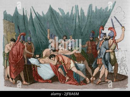 Viriathus (d. 139 BC). Leader of the Lusitanian people who fought against Roman expansion in Hispania in the mid-2nd century BC. Death of Viriathus. Engraving by Vallejo. Later colouration. Historia General de España by Father Mariana. Madrid, 1852.