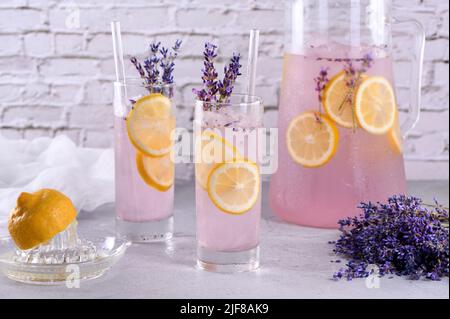 Lemonade with soft gentle notes of lavender, very light, incredibly refreshing summer cocktail. Stock Photo