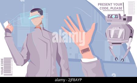People barcode flat composition with abstract background and human character with futuristic hand scanner and robot vector illustration Stock Vector