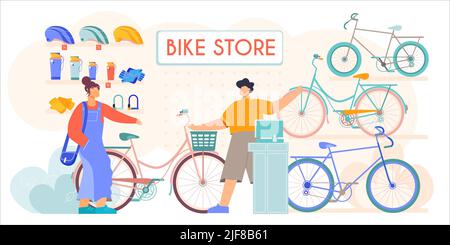 Bicycle store new second hands bikes accessories helmets sale flat with salesman assisting customer vector illustration Stock Vector Image & Art - Alamy