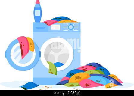 Pile of dirty clothes on floor. Washing machine and liquid detergent bottle. Heap of dirty laundry. Stack of dirty apparel on laundry day. Flat Stock Vector