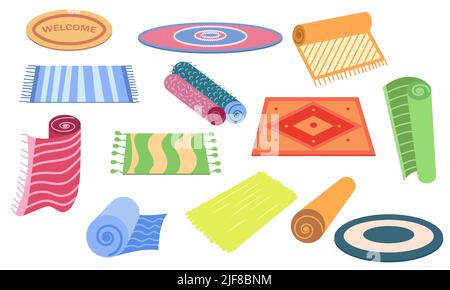 Carpet or cozy mat cartoon floor decoration interior. Round rug or roll cloth rag fabric vector illustration. Indoor room decorative set fabric elemen Stock Vector