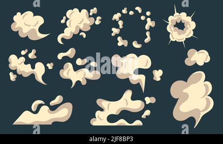 Bubble explode smoke poof and cloud blow effect. Wind with cartoon gray fog and boom dust vector illustration. Puff icon and air cloudy element. Fume Stock Vector