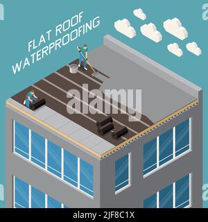 Flat roof waterproofing with polymer bitumen mastic and ruberoid gradient insulation closeup isometric composition vector illustration Stock Vector