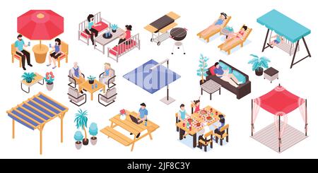 Isometric garden furniture set with isolated icons human characters and patio furniture images on blank background vector illustration Stock Vector
