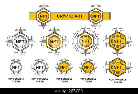 NFT non-fungible token cryptocurrency coin money blockchain technology icon set. Sell digital crypto art pictures. Virtual electronic currency. Vector Stock Vector