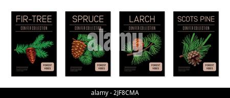 Pine tree vertical banners set with larch and spruce flat isolated vector illustration Stock Vector