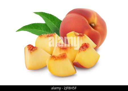 Ripe peach fruit slices isolated on white background with full depth of field Stock Photo