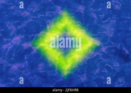 Defocused blurred blue background with glowing square neon green frame. Reflections of sun and shadows in calm water. Trendy abstract texture background. Copy space for text for product presentation Stock Photo