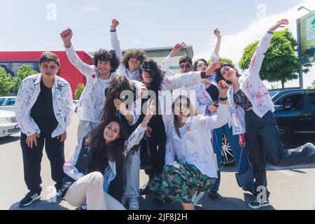 18.05.2022. Tbilisi, Georgia. last bell at the Georgian school. children celebrating graduation. High quality photo Stock Photo