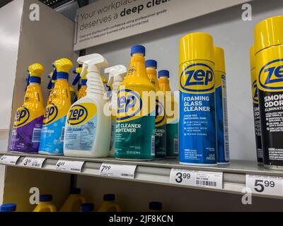 Mill Creek, WA USA - circa June 2022: Angled view of Zep specialty cleaning products for sale inside a Staples store. Stock Photo