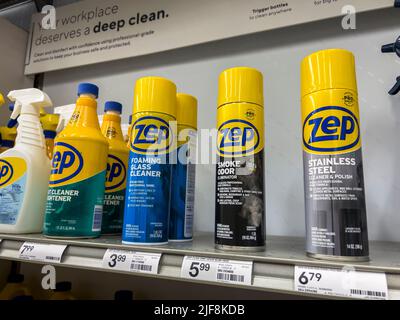 Mill Creek, WA USA - circa June 2022: Angled view of Zep specialty cleaning products for sale inside a Staples store Stock Photo