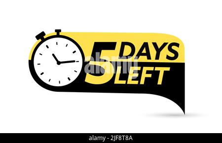 5 days left. Vector emblem with the number of days remaining. Label, blue alarm clock flat with ribbon, promotion icon, best deal symbol vector Stock Vector