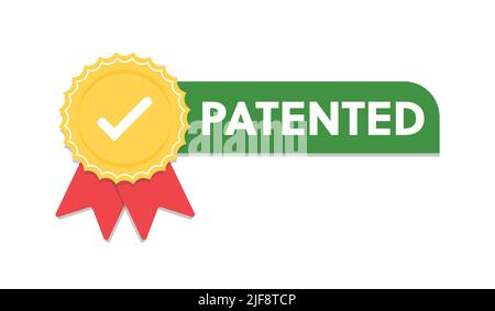 Patented label vector icon, flat cartoon rosette ribbon with patent text symbol, intellectual property protected green badge isolated Stock Vector