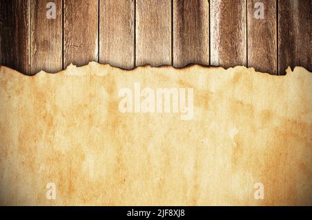 Grunge paper on wooden wall background with copy space for any design Stock Photo