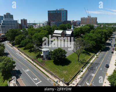 Aerial panoramic view of downtown New Brunswick, New Jersey apartment buildings and first reformed church, high rise office buildings, parking Stock Photo