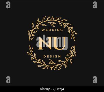 NU Initials letter Wedding monogram logos collection, hand drawn modern minimalistic and floral templates for Invitation cards, Save the Date, elegant Stock Vector
