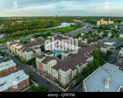 Aerial view of modern apartment condominium complex , residential compound in New Brunswick New Jersey with pool for residents Stock Photo