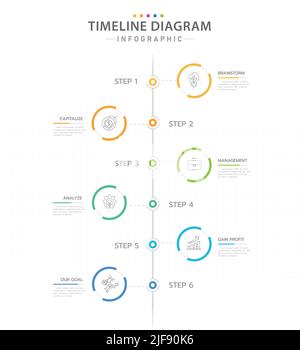 Infographic template for business. 6 Steps Modern Timeline diagram calendar with vertical topics and circles, presentation vector infographic. Stock Vector