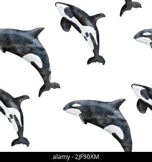 Hand drawn watercolor seamless pattern with orca killer whale. Sea ocean marine animal, nautical underwater endangered mammal species. Blue gray illustration for fabric nursery decor, under the sea prints Stock Photo
