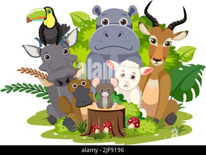 Wild animal group on white background illustration Stock Vector