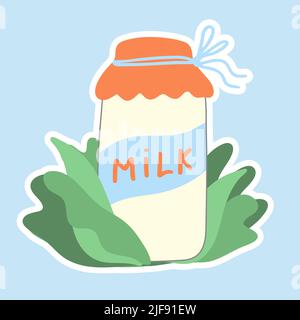 Bank of milk in the grass. sticker. Milk day. Flat illustration. Vector Stock Vector