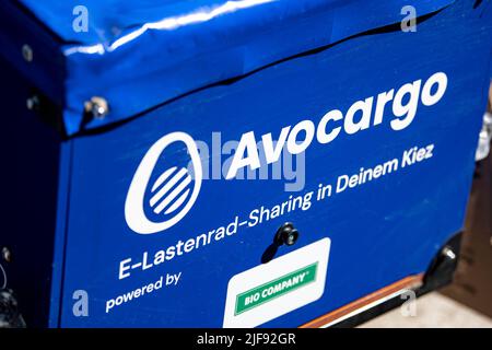 Berlin, Germany. 10th June, 2022. The Avocargo logo is on a cargo bike. The Berlin-based start-up Avocargo offers e-load bikes in Berlin and plans to expand its services to other cities this year. (to dpa 'Mission 'make mainstream' - cities want to establish cargo bikes') Credit: Fabian Sommer/dpa/Alamy Live News Stock Photo