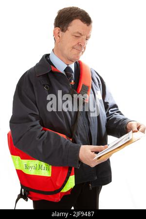 A UK uniformed postal worker sorting his mail on his round. Part of a series of images with the same character model. Stock Photo