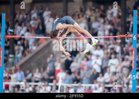 Mondo Duplantis broke his outdoor pole vault world record by one centimeter, clearing 6.16 meters at a Diamond League meet in Stockholm, Sweden on Thursday, June 30, 2022. Duplantis, the Olympic gold medalist who was raised in Louisiana and now lives in Stockholm, has broken the indoor and outdoor world records a combined six times in the last two and a half years. Photo by Magnus Liljegren/Stella Pictures/ABACAPRESS.COM Stock Photo