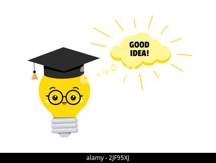 Cute light bulb and good idea text in speach bubble. Stock Vector