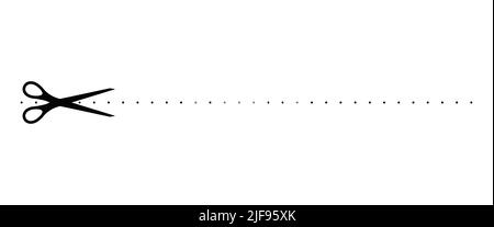 Scrissors cut dotted black line with dash mark icon. Stock Vector