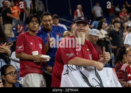 Harrison, USA. 30th June, 2022. Fans of Red Bulls celebrate after MLS regular season game against Atlanta United has been won at Red Bull Arena in Harrison, NJ on June 30, 2022. Red Bulls won 2 - 1. (Photo by Lev Radin/Sipa USA) Credit: Sipa USA/Alamy Live News Stock Photo