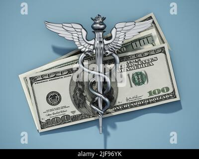 Silver caduceus symbol standing on dollar bills. 3D illustration. Stock Photo