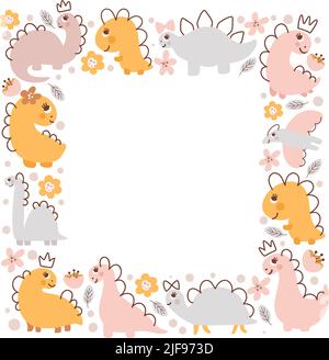 Square Vector dino girl frame with dinosaurs and hand drawn flowers, palm, rainbow and cactus with place for your text. Greeting card, poster design Stock Vector