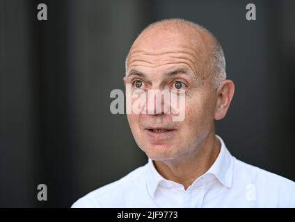 30 June 2022, Hessen, Frankfurt/Main: Bernd Neuendorf, President of the German Football Association (DFB), attends the opening of the DFB Campus with Academy and Head Office. Photo: Arne Dedert/dpa Stock Photo